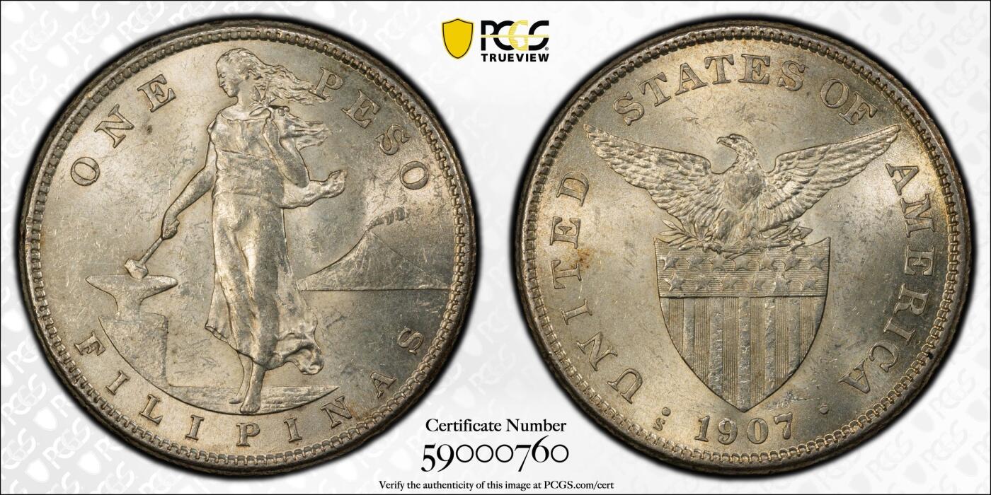 万国钱币拍卖第055期 PCGS MS62 1907年美属菲律宾火山女神1比索大银 十字黄油转光非常耀眼