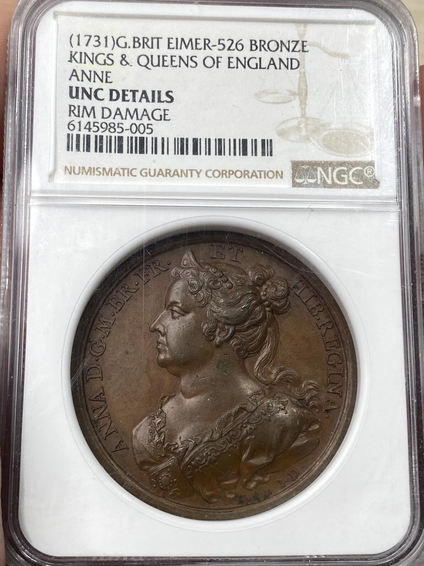 万国钱币拍卖第055期 NGC UNCD 1731年英国乔治二世纪念安妮女王逝世大铜章 高浮雕原红铜光极美