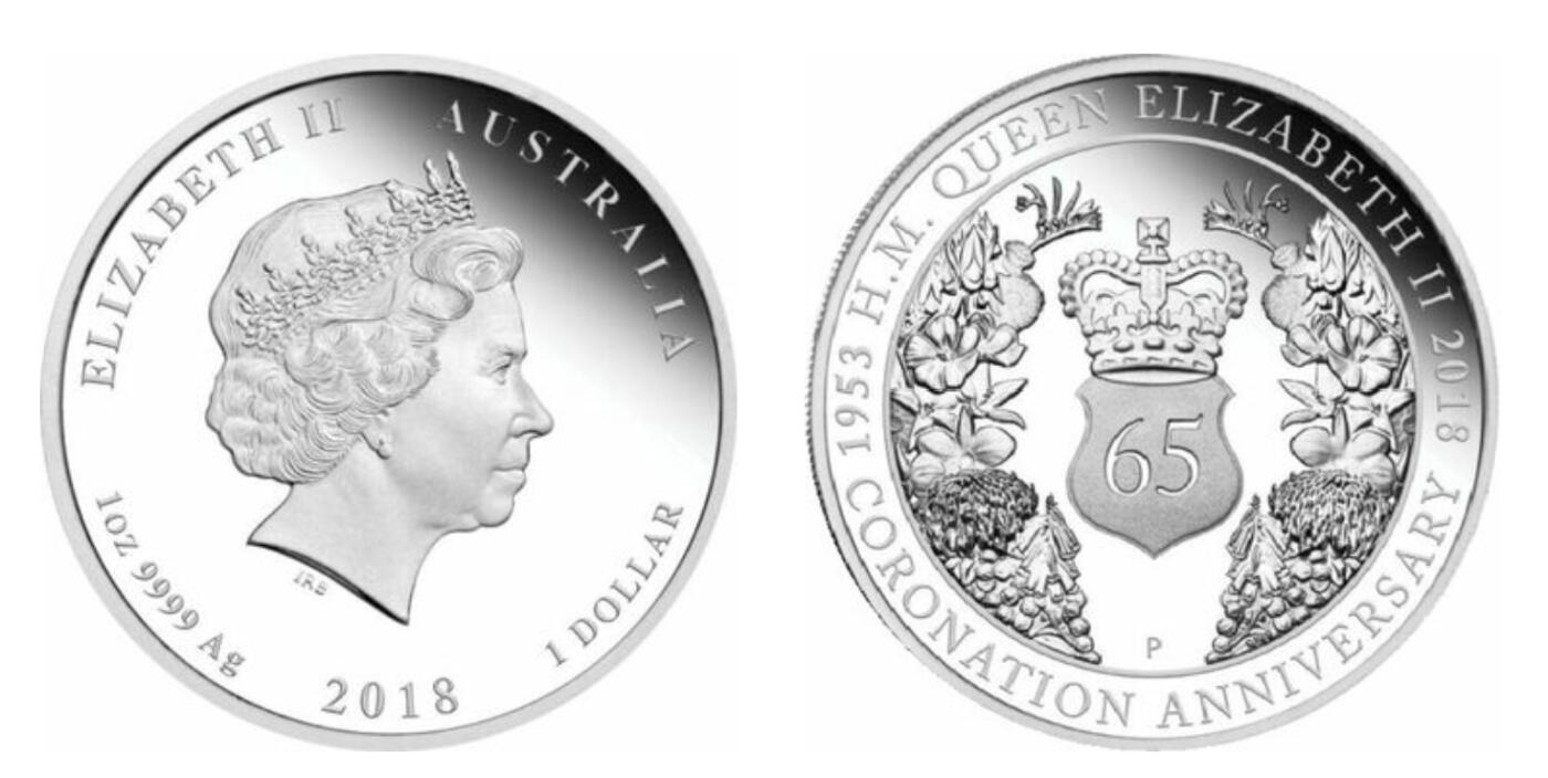 PThappally收藏第54次拍卖，英联邦地区硬币纸币 澳大利亚 2018  1元  “伊丽莎白二世加冕 65 周年” 纯银纪念币 TQG PF68+UC
