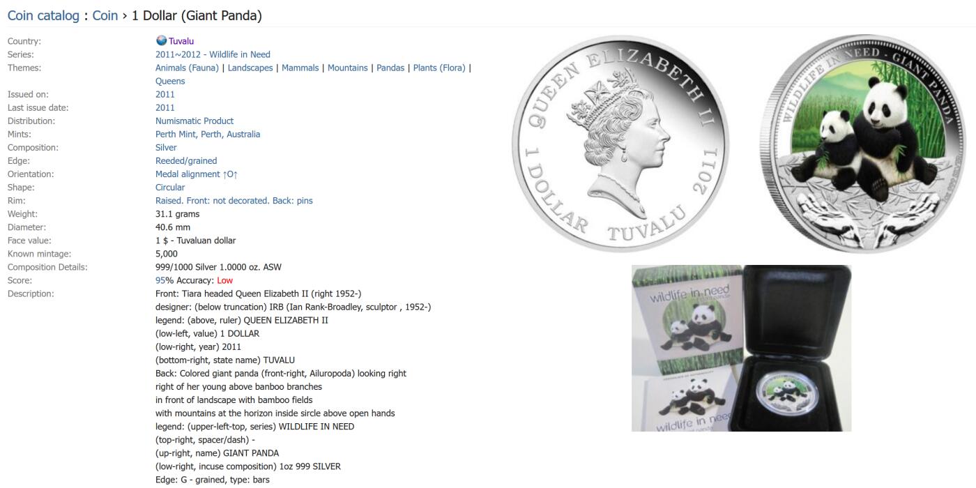 PThappally收藏第54次拍卖，英联邦地区硬币纸币 图瓦卢 2011 大熊猫保护主题 1 元 31.1035 克 999 纯银纪念币 TQG PF69UC 