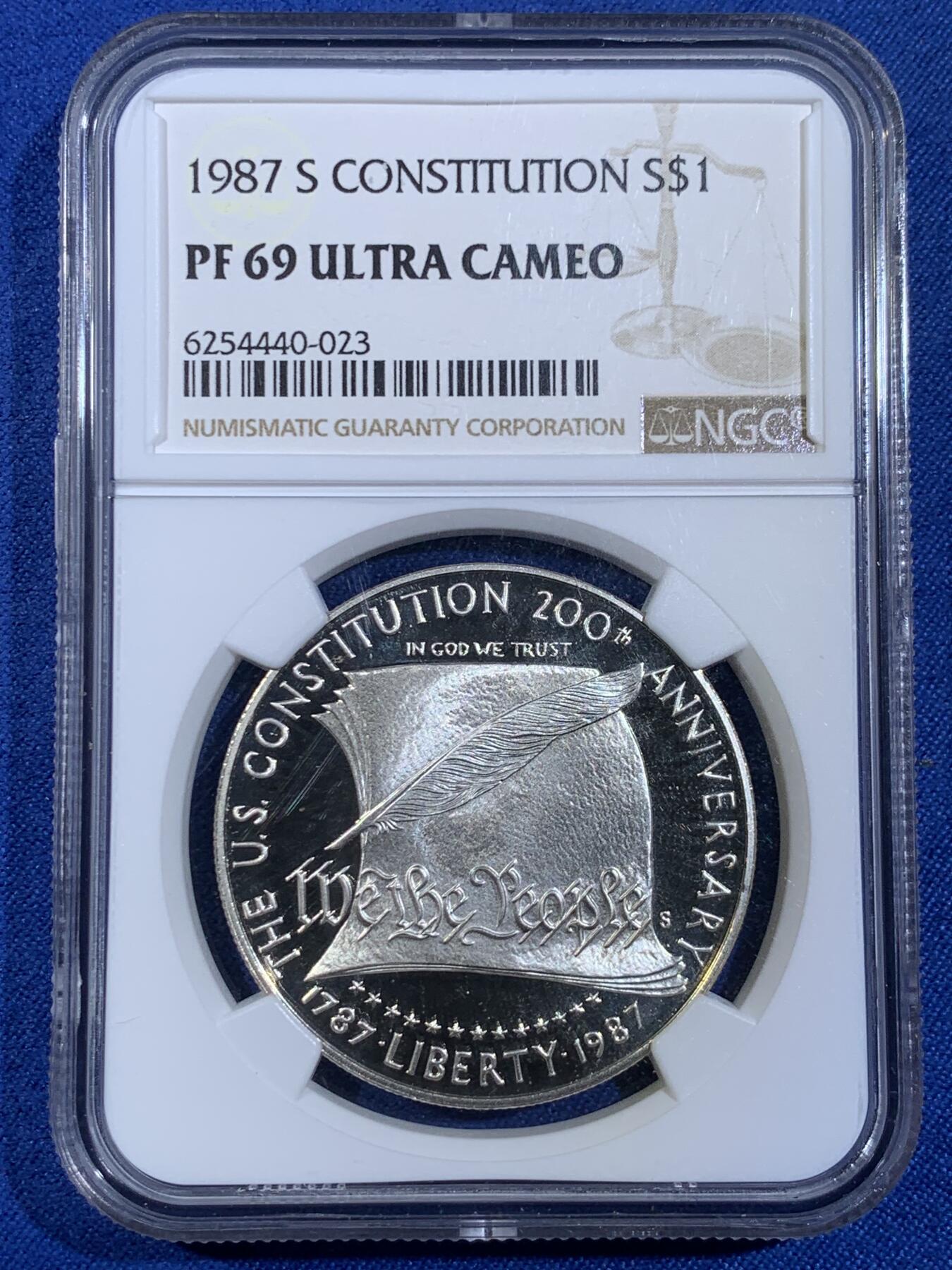 《竞宝斋》第439场 周日，周一，周二 3场连拍 （全场包邮） NGC PF69UC 美国1987年宪法颁布200周年纪念银币 获奖币
