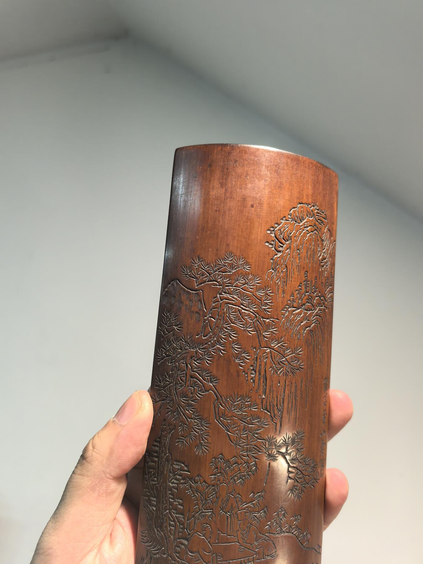 兰馨堂古玩杂项专场 老竹雕风景诗文双面臂搁镇纸摆件 