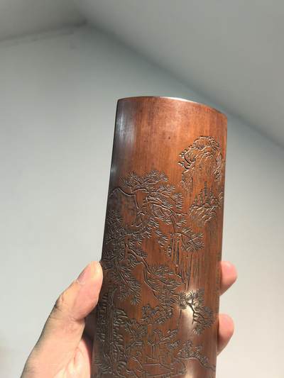 老竹雕风景诗文双面臂搁镇纸摆件 