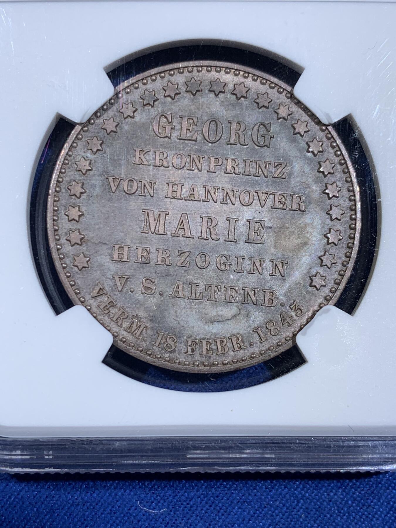 《竞宝斋》第439场 周日，周一，周二 3场连拍 （全场包邮） 亚军分 NGC MS64 德国 1843年 汉诺威王国 奥古斯特一世 皇家婚礼纪念泰勒 仅1010枚的发行量