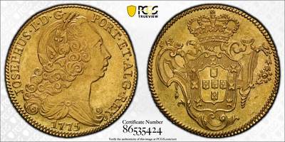 万国钱币拍卖第055期 - PCGS MS62 1775年葡萄牙若泽一世4埃斯库多大金币 里斯本铸币厂造 优雅纹章的设计与原始黄金表面交相辉映 淡雅的金光极具视觉魅力 14.4G PC唯二冠军分
