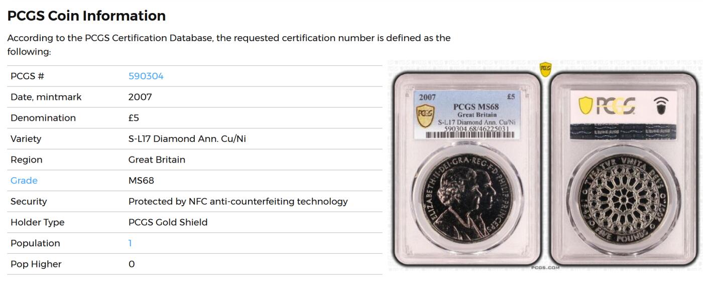 PThappally收藏第54次拍卖，英联邦地区硬币纸币 英国  2007 年 5 英镑 28.28g 铜镍币 PCGS MS68 