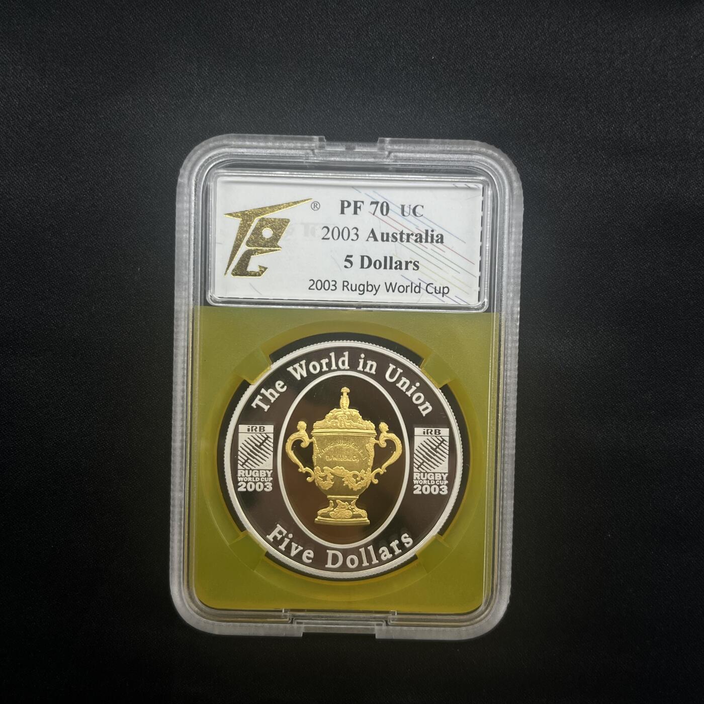 PThappally收藏第54次拍卖，英联邦地区硬币纸币 澳大利亚  2003 5元 橄榄球世界杯主题  31.104 克 纯银带镀金精制纪念币 TQGPF 70 UC