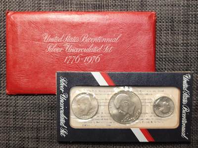 布加迪🐬～世界钱币(上海)🌾第 260 期 /  各国套币和散币 - 美国🇺🇸 1976年 3枚银币 (低银版) 建国200周年纪念币