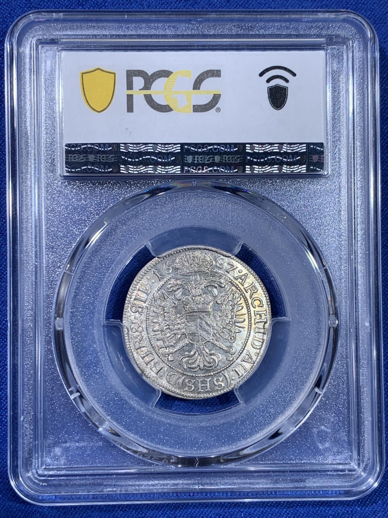 《竞宝斋》第439场 周日，周一，周二 3场连拍 （全场包邮） PCGS MS65 神圣罗马帝国1686年利奥波德皇帝6克鲁泽银币 冠军分，无与伦比的光泽和品相，极其难得，唯一评级记录，波兰布雷斯劳厂铸造