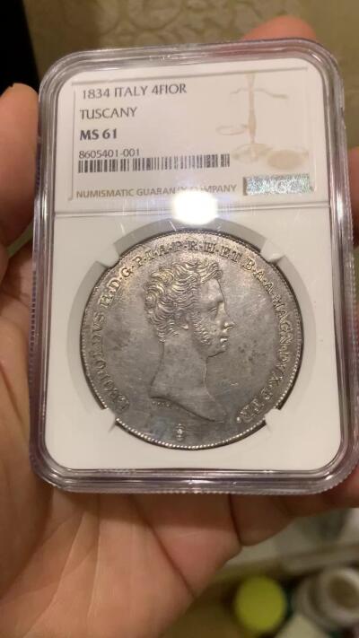 《竞宝斋》第439场 周日，周一，周二 3场连拍 （全场包邮） NGC MS61 意大利托斯卡纳 1834年 利奥波多二世 4Fiorino 罕见品种 打制状态优秀 深打极其少见 意邦核心 成交记录稀缺