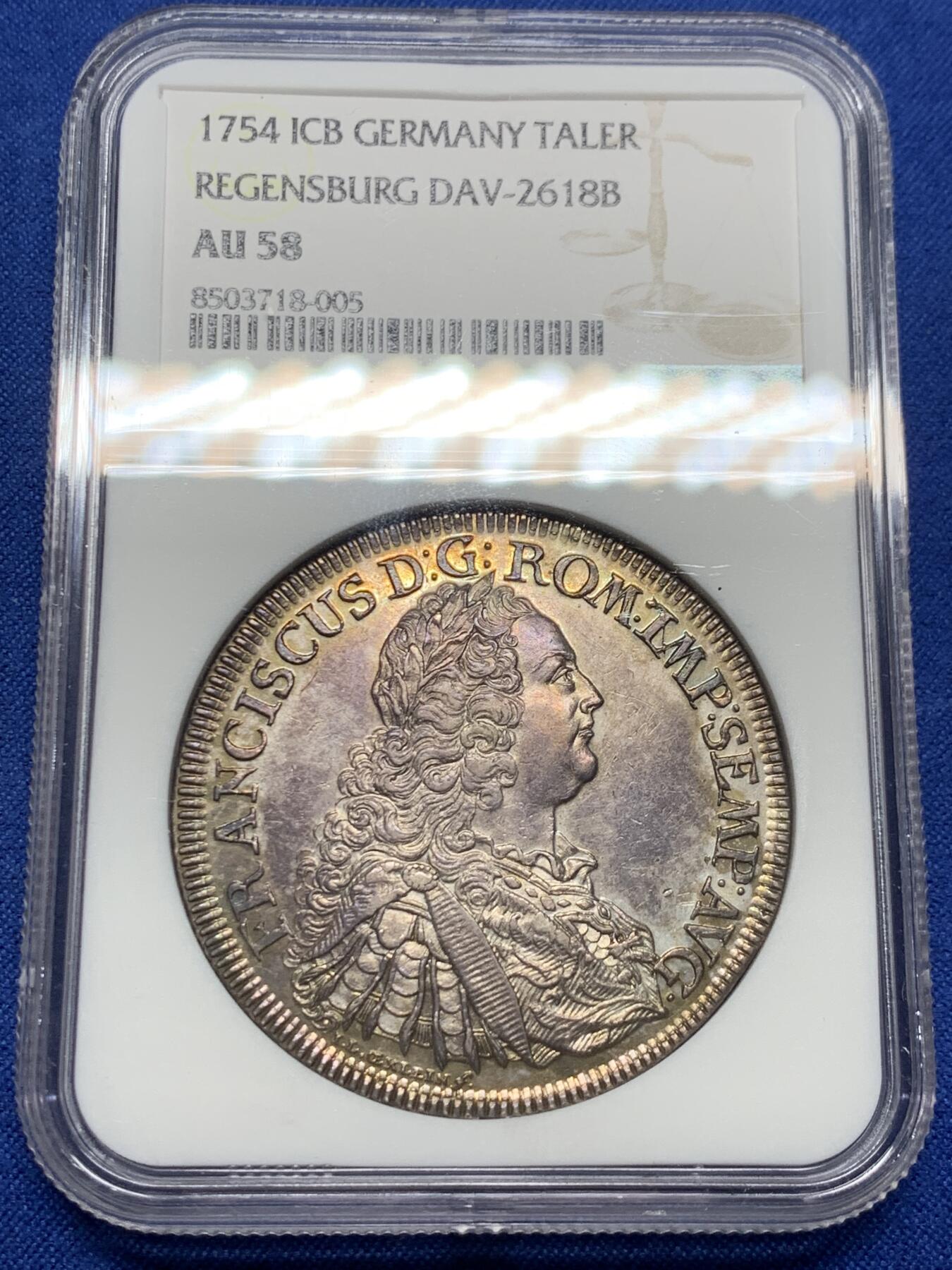 《竞宝斋》第439场 周日，周一，周二 3场连拍 （全场包邮） NGC AU58 德国 雷根斯堡 1754年 景观泰勒 大银币德系景观名誉品种 深包浆上分太难了 58分中上品状态