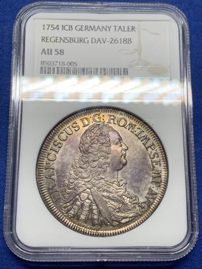《竞宝斋》第439场 周日，周一，周二 3场连拍 （全场包邮） - NGC AU58 德国 雷根斯堡 1754年 景观泰勒 大银币德系景观名誉品种 深包浆上分太难了 58分中上品状态