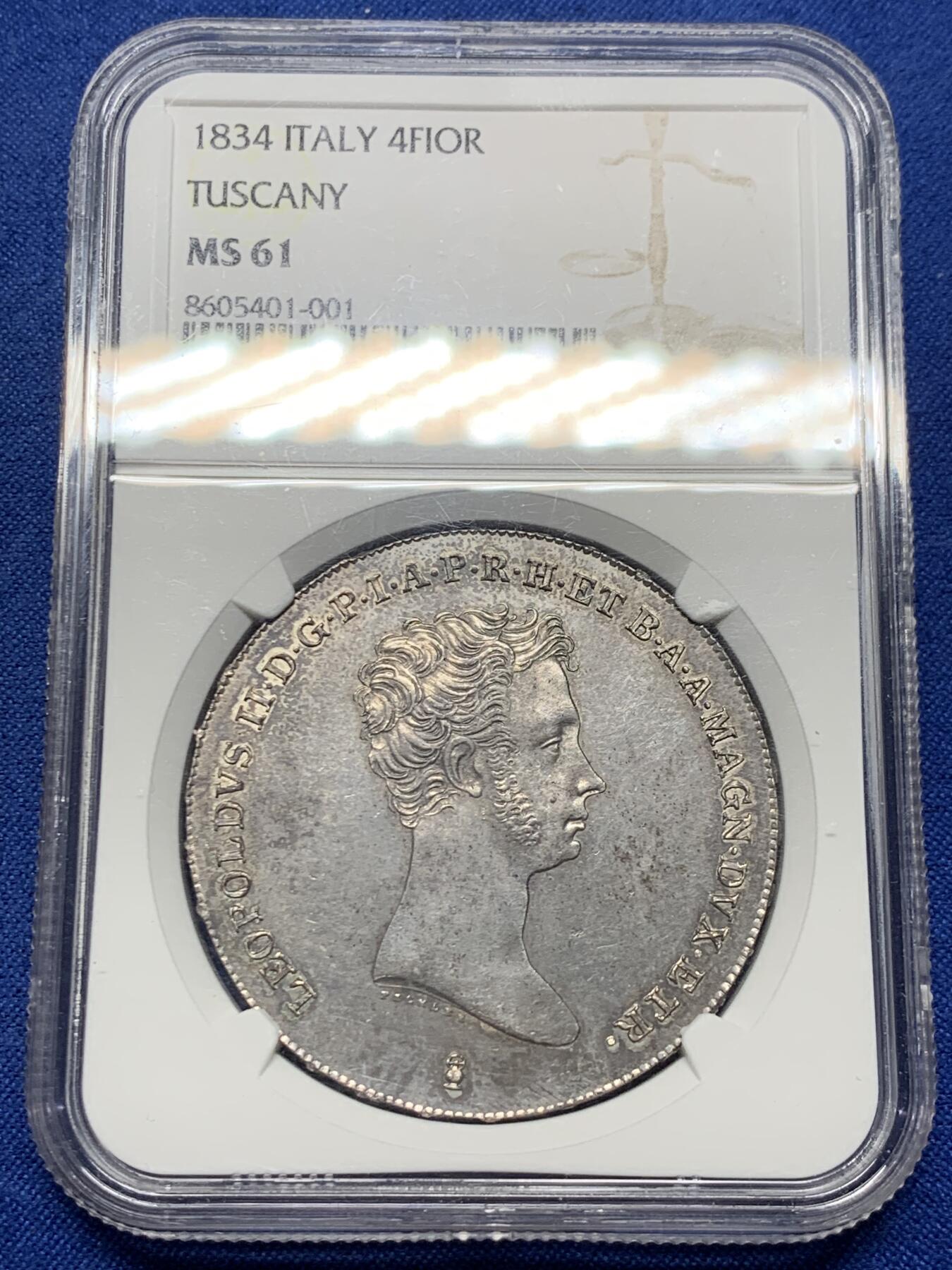 《竞宝斋》第439场 周日，周一，周二 3场连拍 （全场包邮） NGC MS61 意大利托斯卡纳 1834年 利奥波多二世 4Fiorino 罕见品种 打制状态优秀 深打极其少见 意邦核心 成交记录稀缺