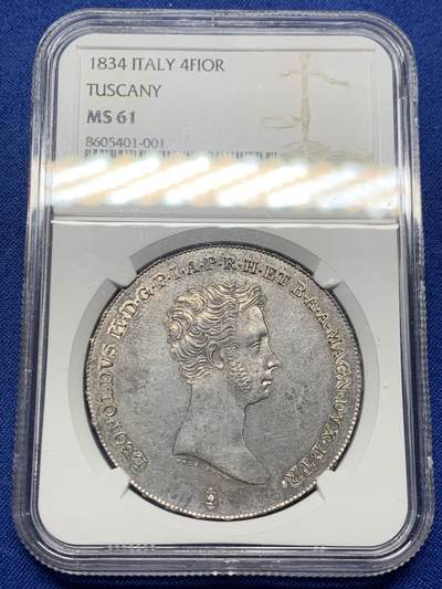 《竞宝斋》第439场 周日，周一，周二 3场连拍 （全场包邮） - NGC MS61 意大利托斯卡纳 1834年 利奥波多二世 4Fiorino 罕见品种 打制状态优秀 深打极其少见 意邦核心 成交记录稀缺