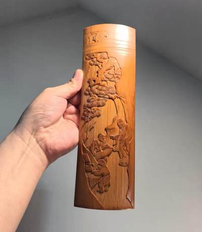 精品竹雕松下高仕图臂搁摆件镇纸  