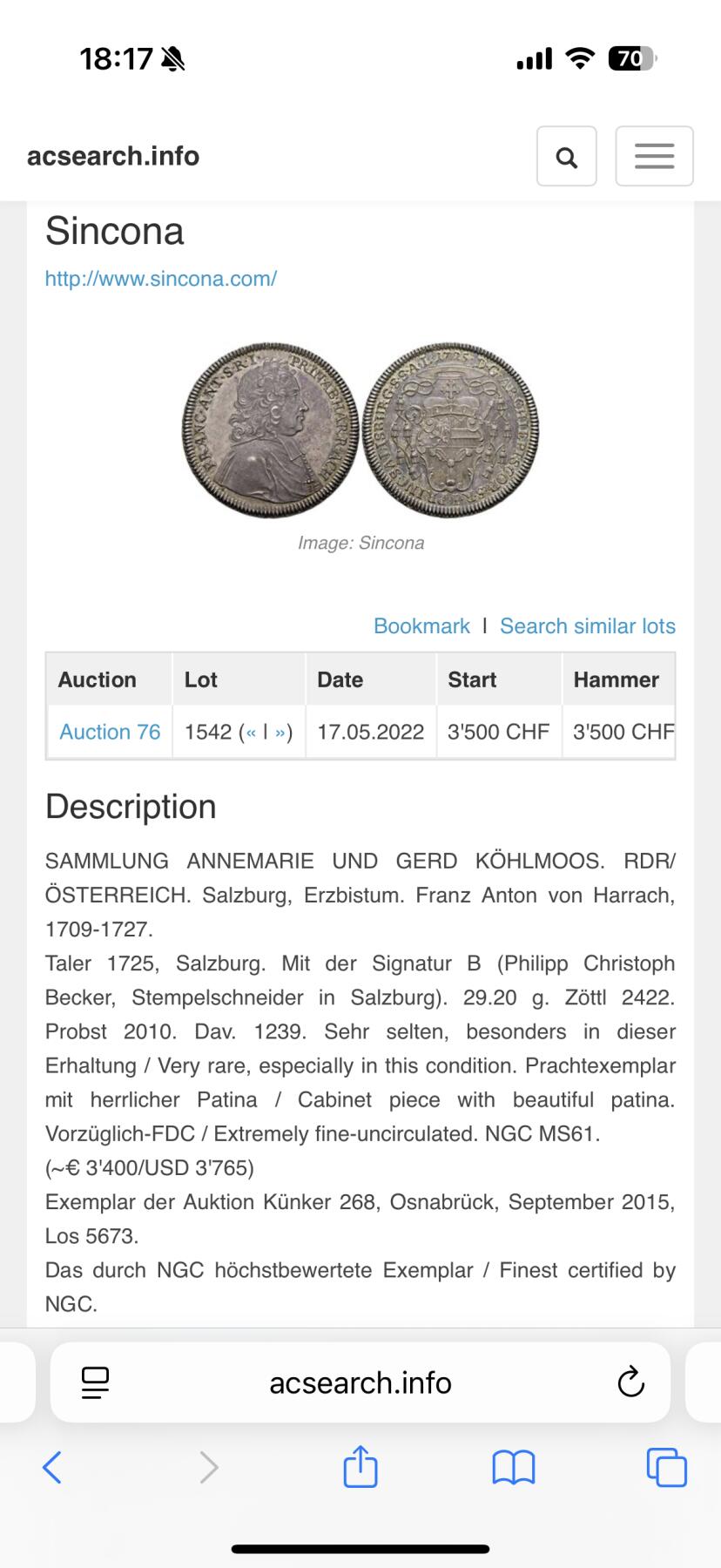 《竞宝斋》第438场 周日，周一，周二 3场连拍 （全场包邮） 唯一冠军分 NGC MS63 神圣罗马帝国 萨尔茨堡大主教区 1725年 安东尼亲王 泰勒大银币 61分Sincona3.9W成交 及其难得的品种
