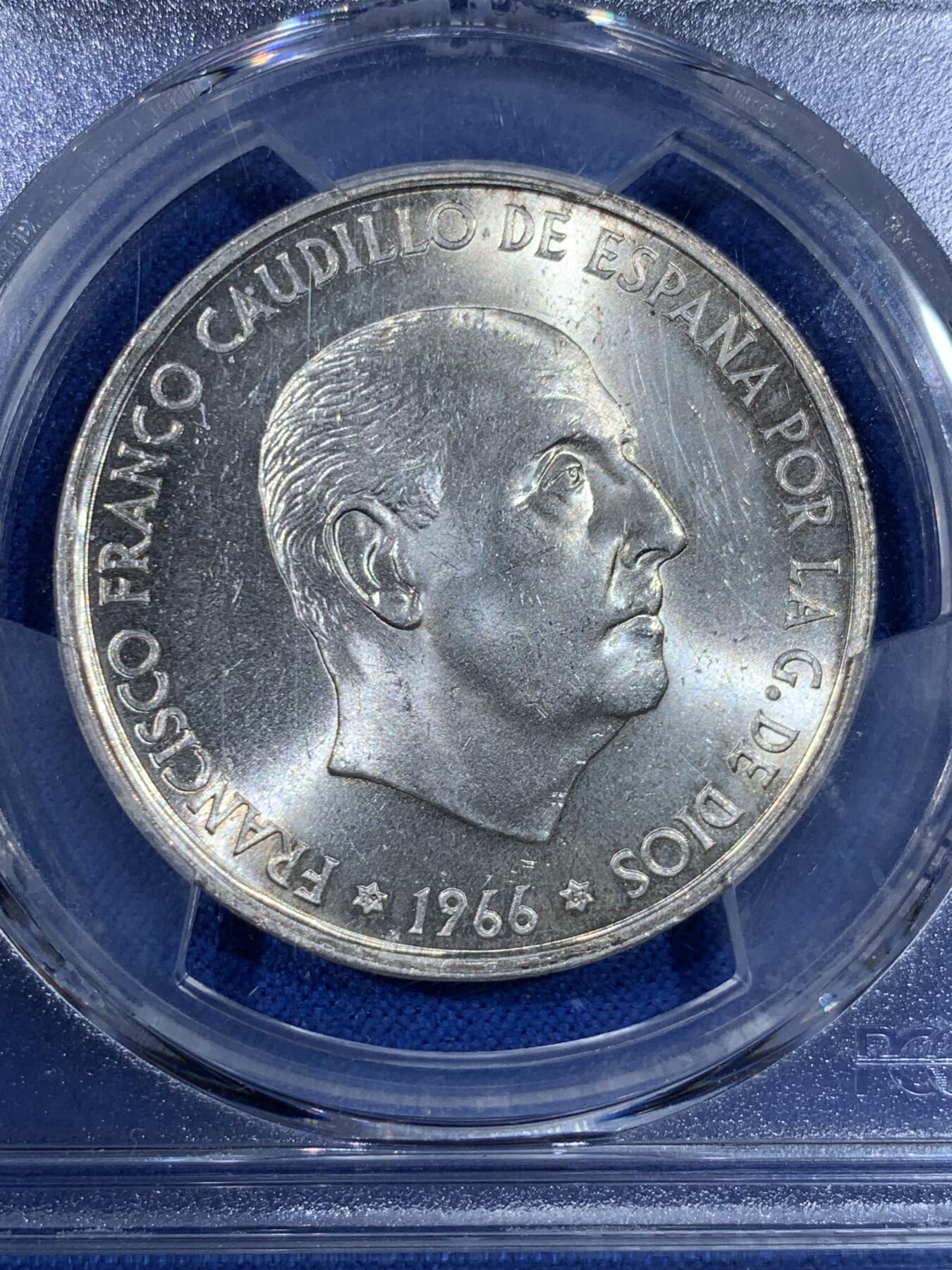 《竞宝斋》第439场 周日，周一，周二 3场连拍 （全场包邮） PCGS M64 西班牙 1966（67）正面西班牙独裁者费朗哥 背面盾徽 100比塞塔银币 原光爆闪