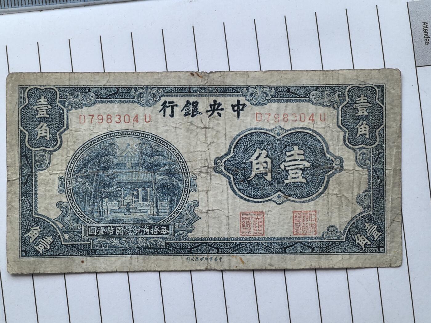 综合藏品.诚信低价出售5秒自动快拍.有喜欢的请提前出价. 民国中央银行一角冠号D798304U实图拍摄品相自定.