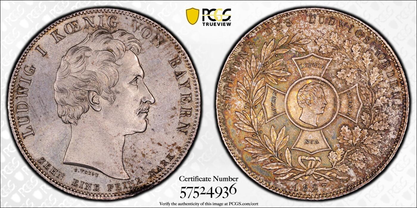 万国钱币拍卖第055期 PCGS MS62 1827年巴伐利亚路德维希勋章历史大泰勒 1827年8月25日路德维希一世以国王之名设立路德维希勋章 用以表彰为王国服务满50周年的杰出人员 并敕令造币厂发行此历史泰勒加以纪念 系列中罕见品种 阴阳调和单面五彩 状态难得