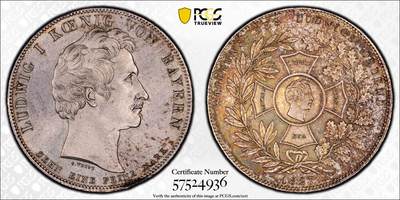 万国钱币拍卖第055期 - PCGS MS62 1827年巴伐利亚路德维希勋章历史大泰勒 1827年8月25日路德维希一世以国王之名设立路德维希勋章 用以表彰为王国服务满50周年的杰出人员 并敕令造币厂发行此历史泰勒加以纪念 系列中罕见品种 阴阳调和单面五彩 状态难得