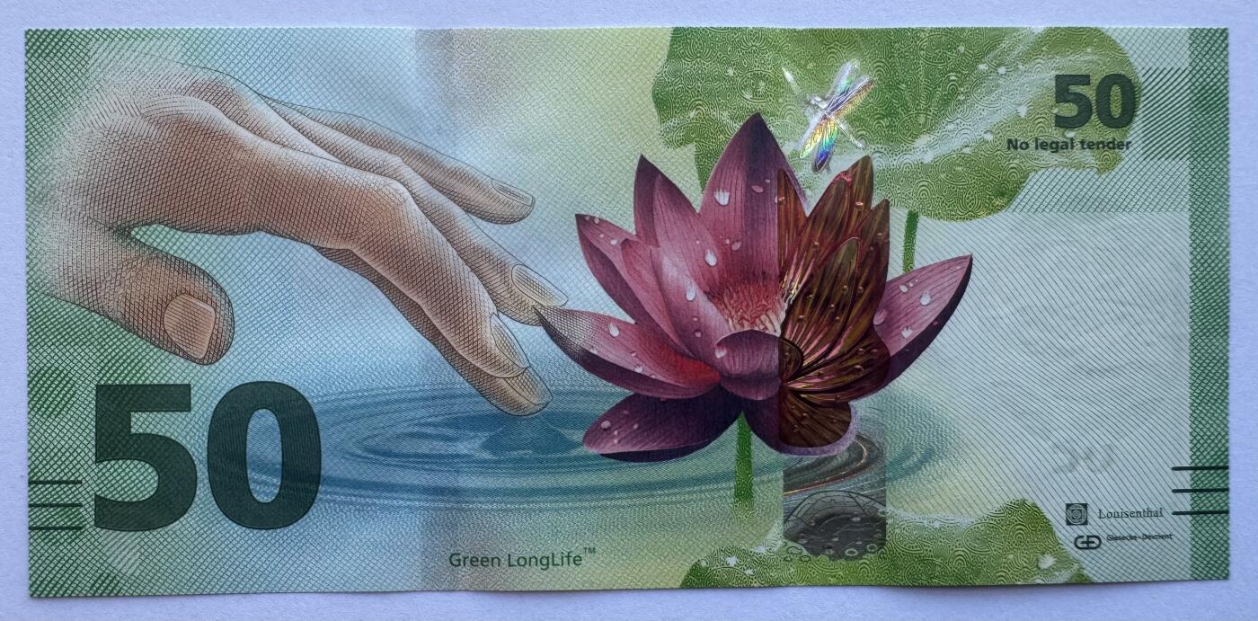 2025第25场（总第225期）：精品测试钞、纪念钞、塑料钞、连体钞综合场 捷德G&D “荷花+手型”50面额Green LongLife™绿色耐用基材测试钞UNC（使用了Galaxy®安全线、RollingStar® LEAD Mix箔条纹）