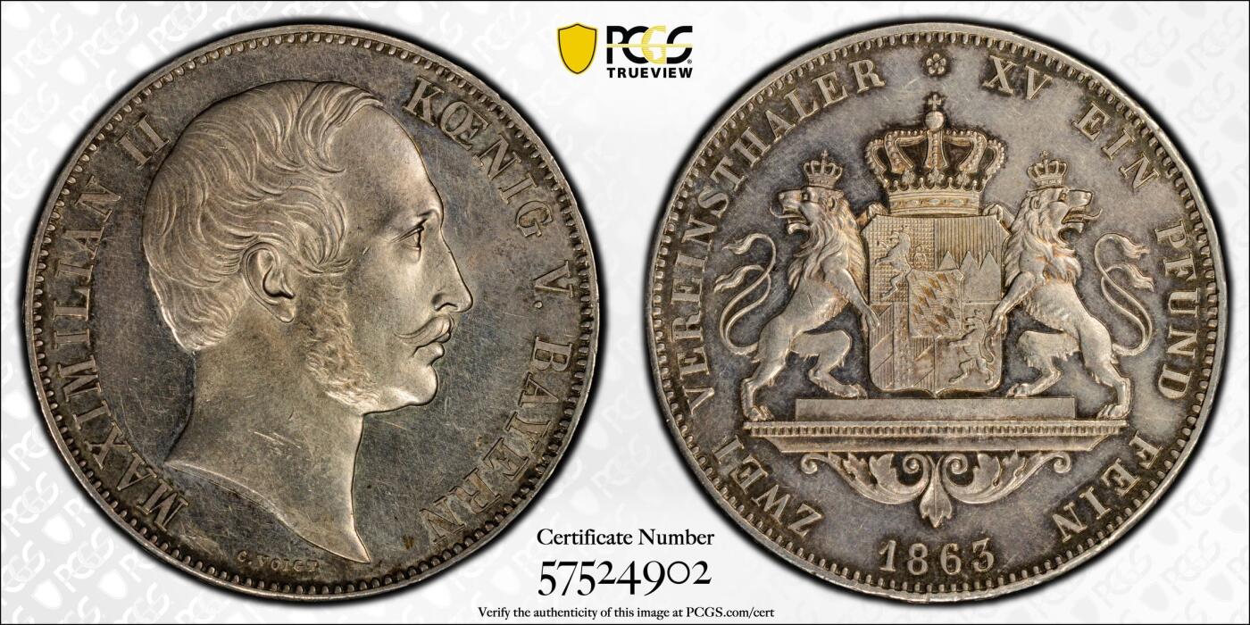 万国钱币拍卖第055期 PCGS MS61 1862年德国巴伐利亚马克西米利安二世双狮护盾流通2泰勒 五彩稀少年份 发行量仅10588枚且流通充分 路二双狮同款纹章 即便通货也不太常见的高难品种 PC季军分更高仅2枚