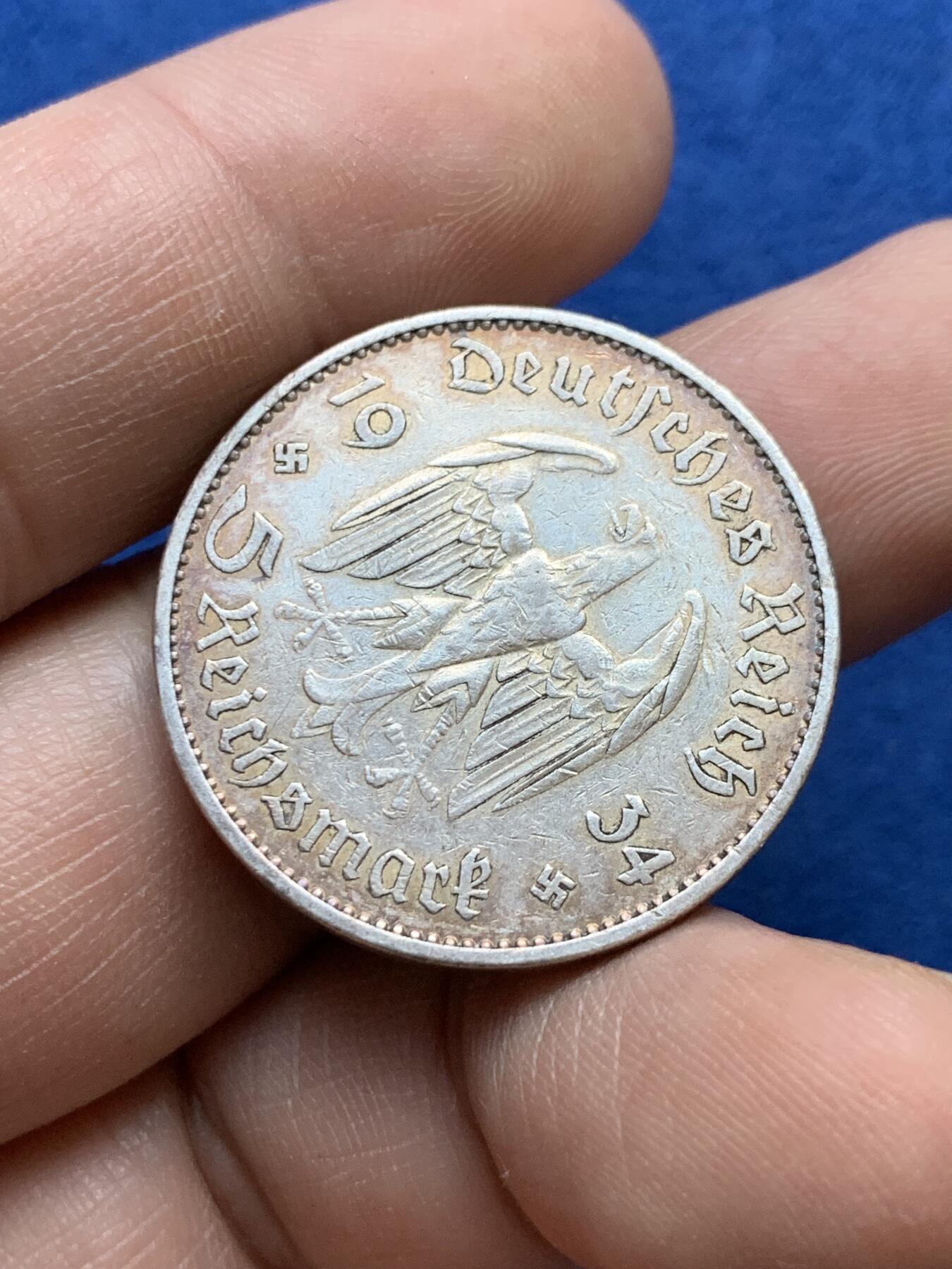 《竞宝斋》第439场 周日，周一，周二 3场连拍 （全场包邮） 德国1934年波茨坦教堂带字5马克银币