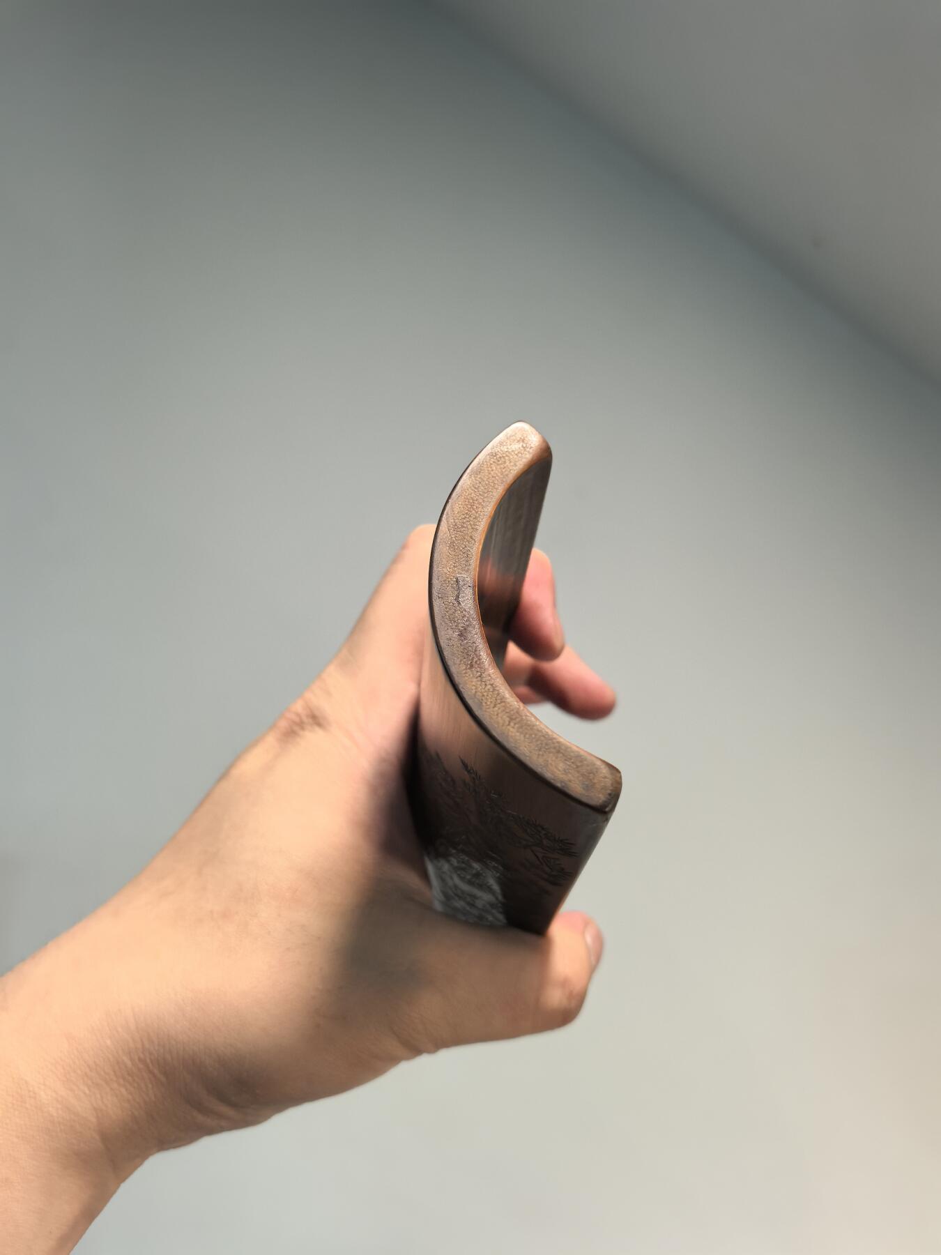 兰馨堂古玩杂项专场 老竹雕风景诗文臂搁镇纸摆件 双面雕工