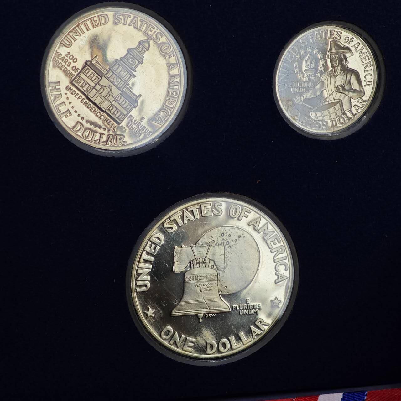 【淘币小摊】实时拍第七百九十九拍   银币套币场   满百包邮可预留二周 每周一统一发货   美国1976年建国200周年精制银币3枚套41.79克400银 银价193