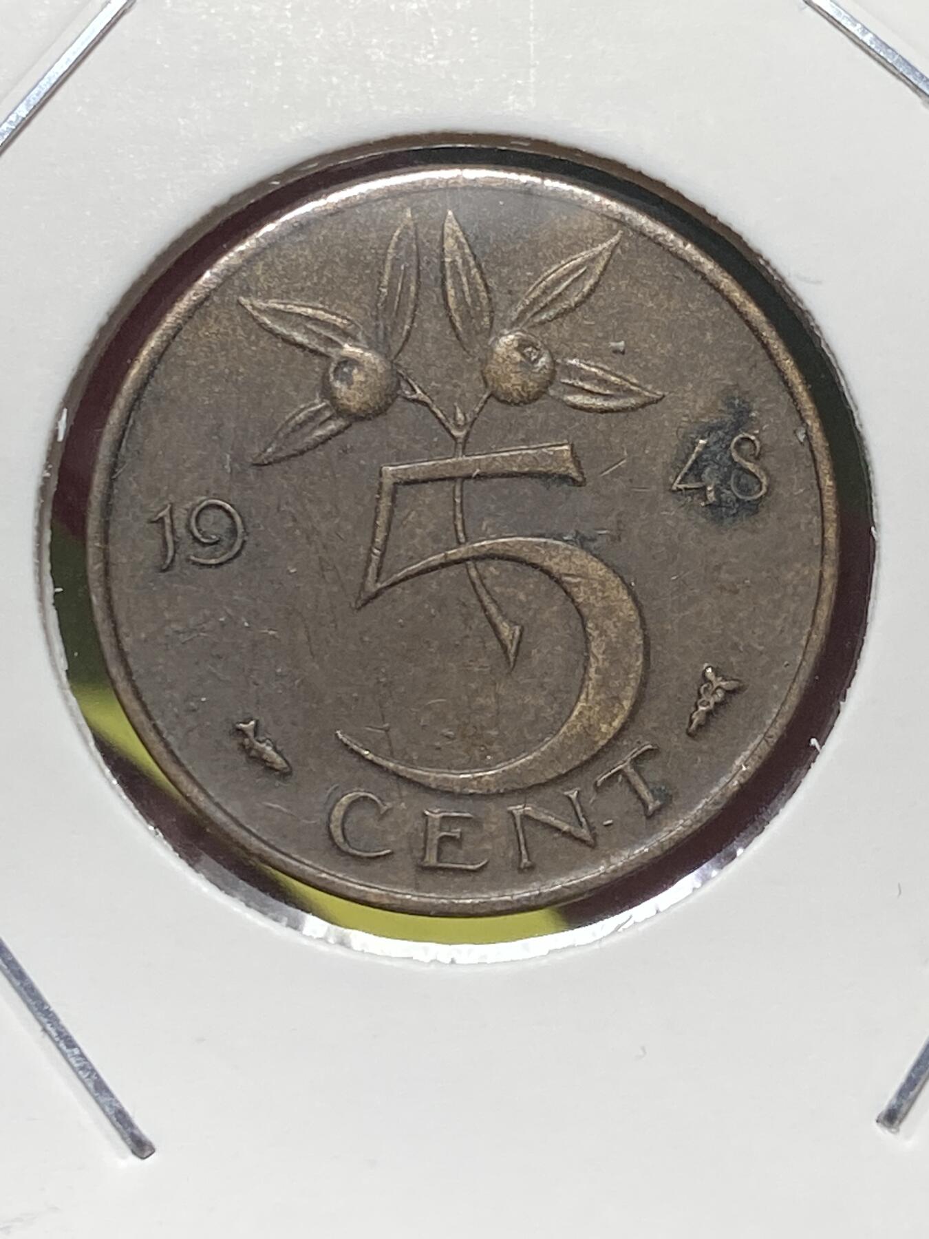 2025年第一百三十场(总第一百五十六场）外国好品纸夹散币场(免佣金) 荷兰🇳🇱1948单年份5分(威廉明娜女王退位年，Fish–鱼标)