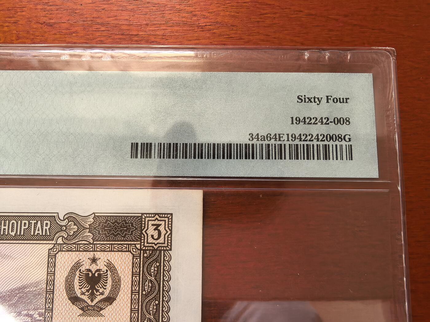 长老汇蛇年精选第七十四场拍卖 1964阿尔巴尼亚3列克纸钞，PMG 64，串号“GA067038”