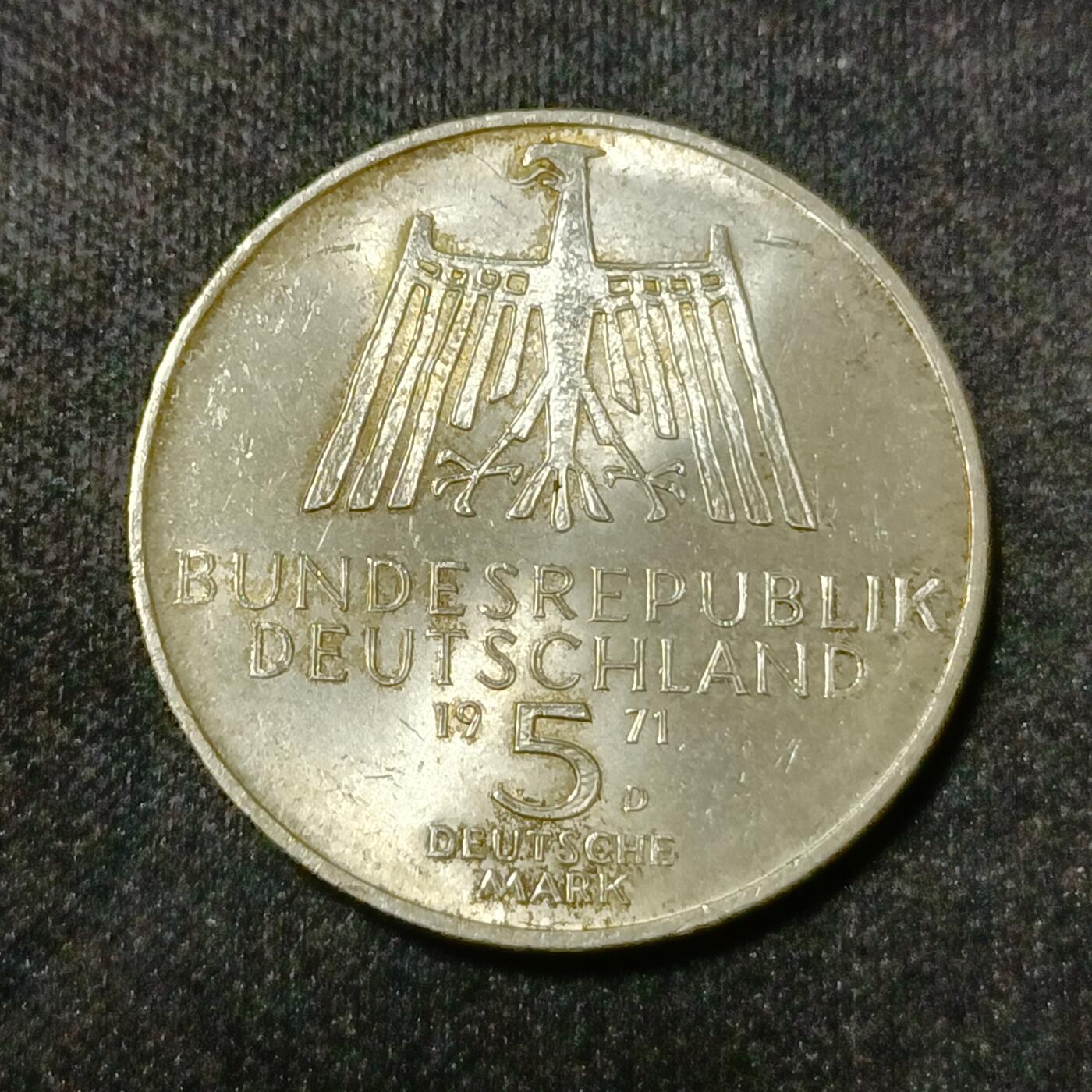 【游宝拍卖】乙巳蛇年88期 佣金1+6% 德国-5马克银币 1971年 11.2g Ag0.625 画家阿尔布雷特·丢勒(Albrecht Dürer)诞辰500周年