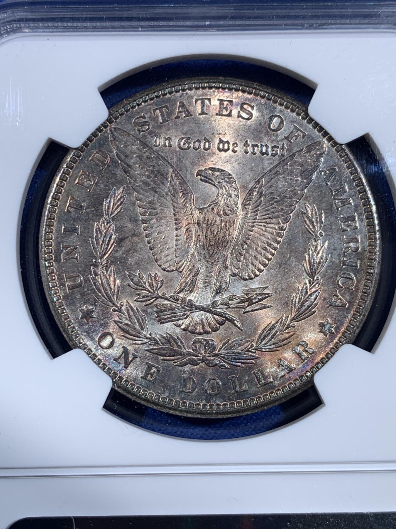 《竞宝斋》第439场 周日，周一，周二 3场连拍 （全场包邮） NGC MS63 美国1898年摩根银币P版，原汁原味五彩老包浆，转光强烈细节优秀。