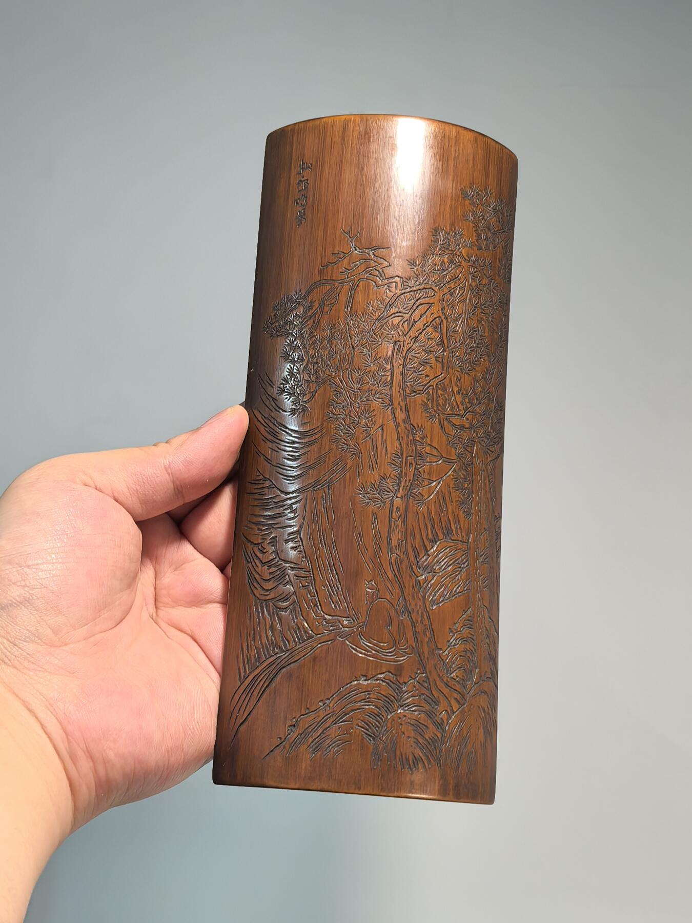 兰馨堂古玩杂项专场 老竹雕风景诗文臂搁镇纸摆件 双面雕工