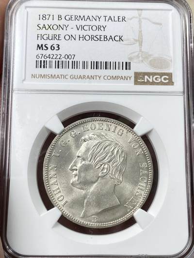 万国钱币拍卖第055期 - NGC MS63 1871萨克森普法胜利泰勒 经典马背上的女武神 胜利系列中难度最大的品种 光度炸裂
