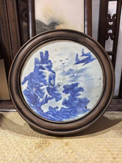 兰馨堂瓷器专场 - 老青花山水瓷板画带鸡翅木框 