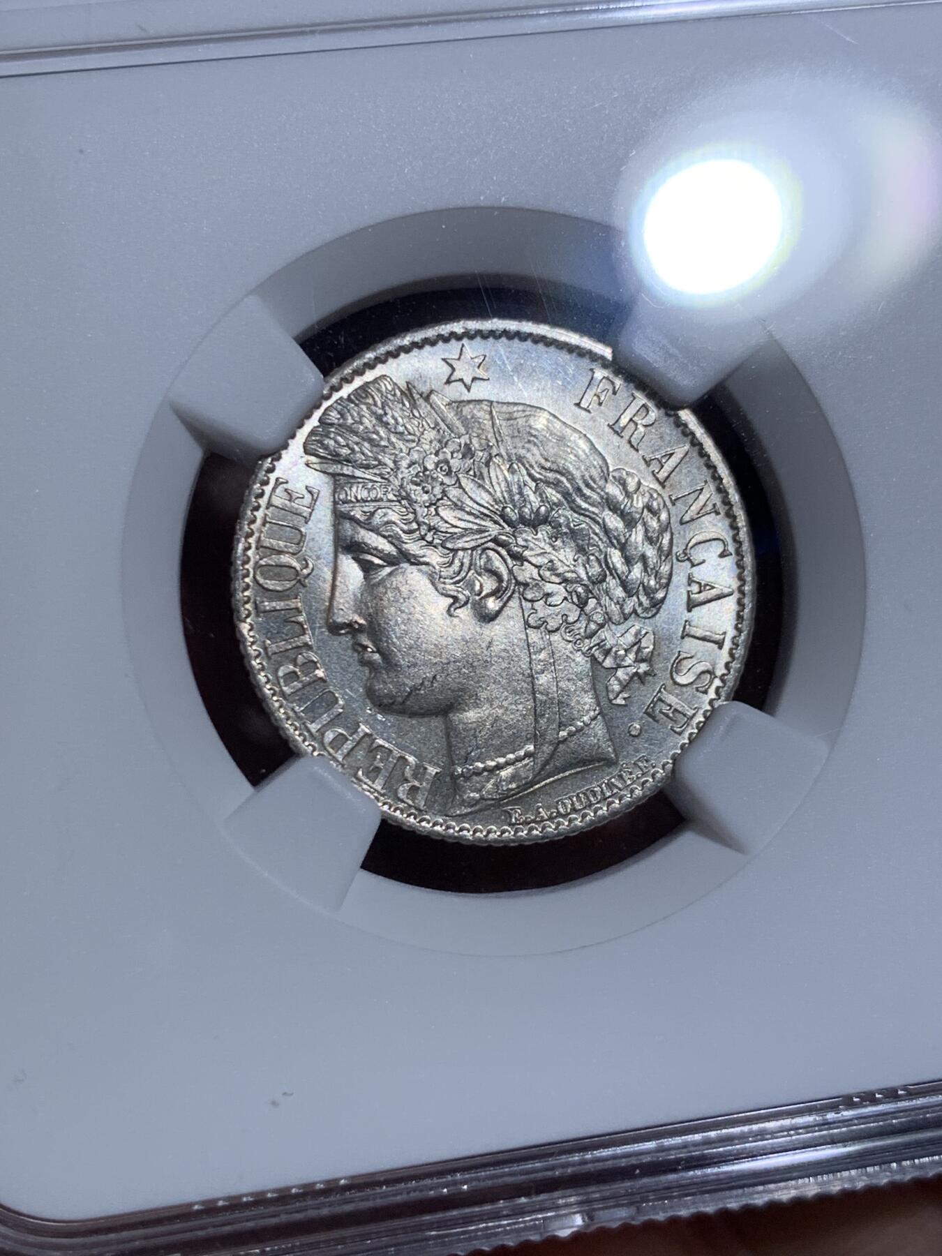 《竞宝斋》第439场 周日，周一，周二 3场连拍 （全场包邮） NGC MS63 法国 1872小A版 谷物女神 1法郎银币 高点俱在 丝滑底板