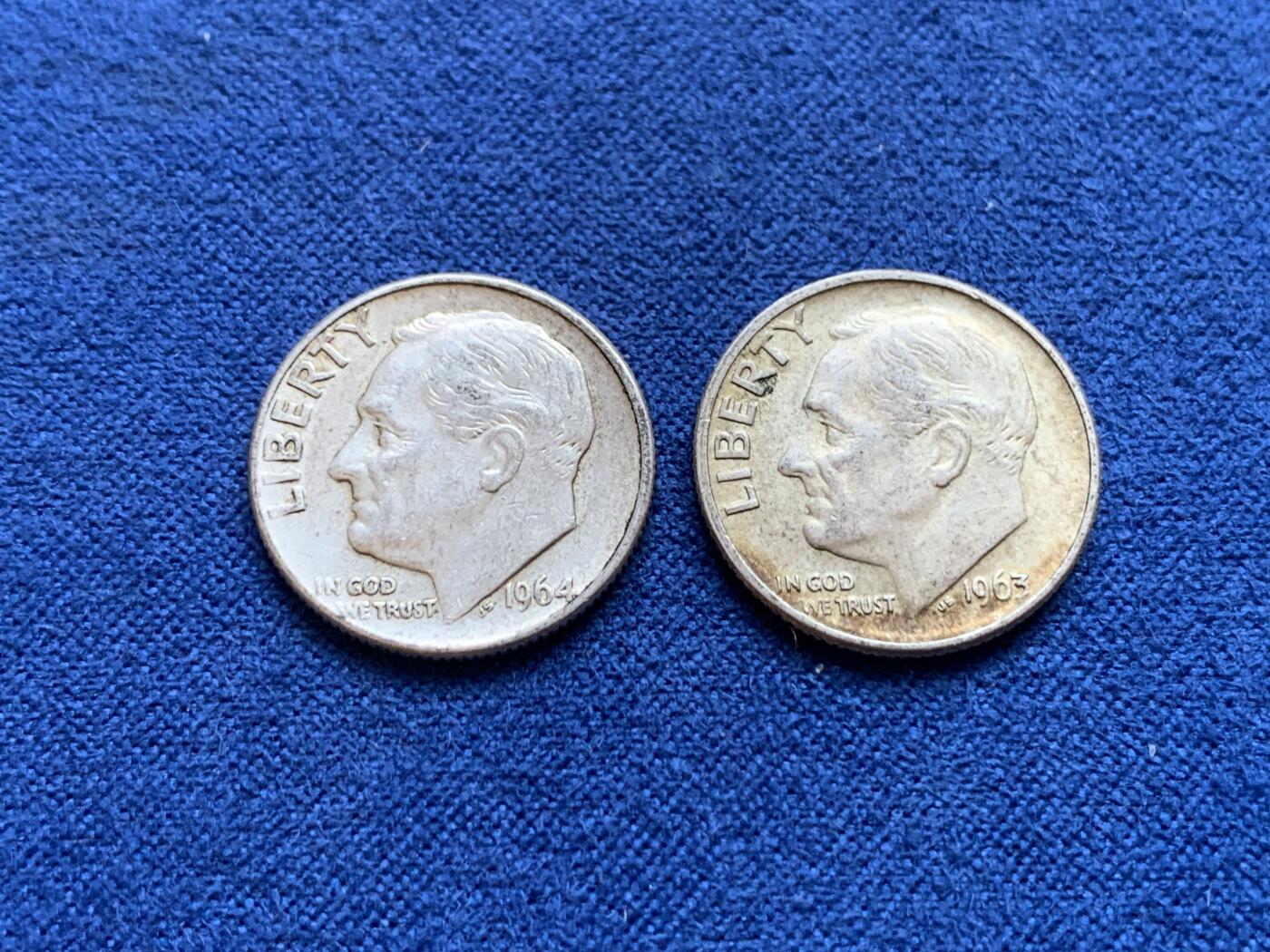 《竞宝斋》第439场 周日，周一，周二 3场连拍 （全场包邮） 两枚一组 美国罗斯福10分银币1963年+1964年