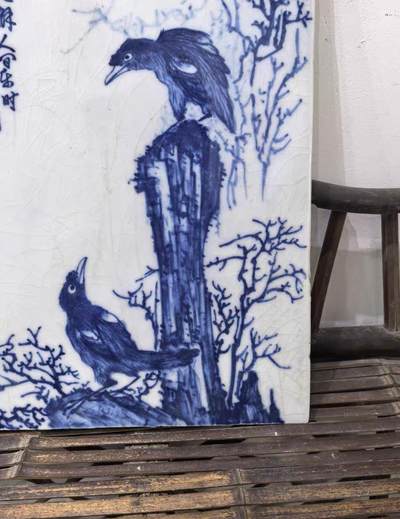 青花大王王步手绘花鸟瓷板画 