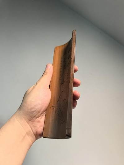 老竹雕风景诗文双面臂搁镇纸摆件 