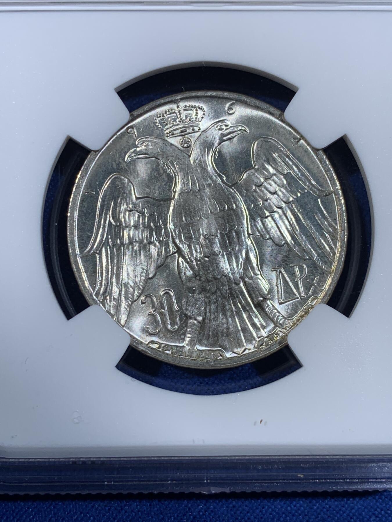 《竞宝斋》第439场 周日，周一，周二 3场连拍 （全场包邮） NGC MS66 希腊1964年皇室婚礼30德拉克马纪念银币 高分难得