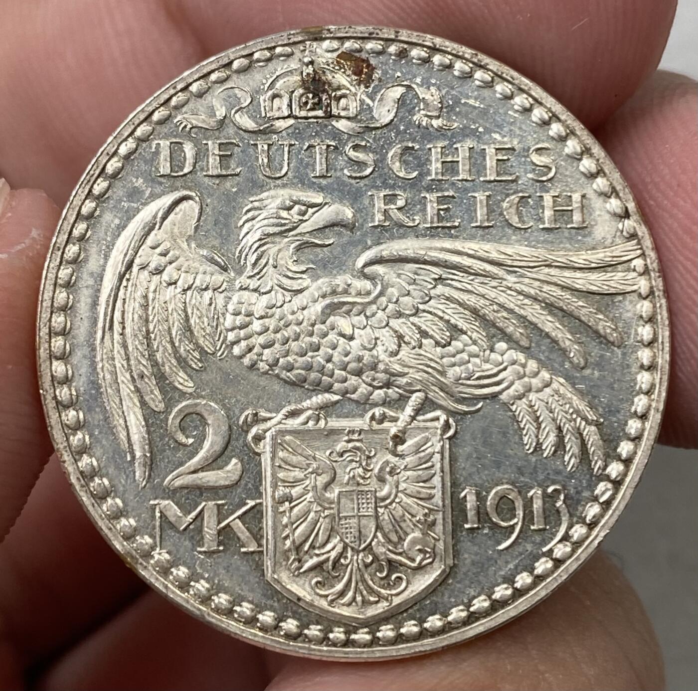 万国钱币拍卖第055期 1913年德国威廉二世2马克镀银样币 卡尔哥茨名家作品 镜面精铸 28mm 9.1g