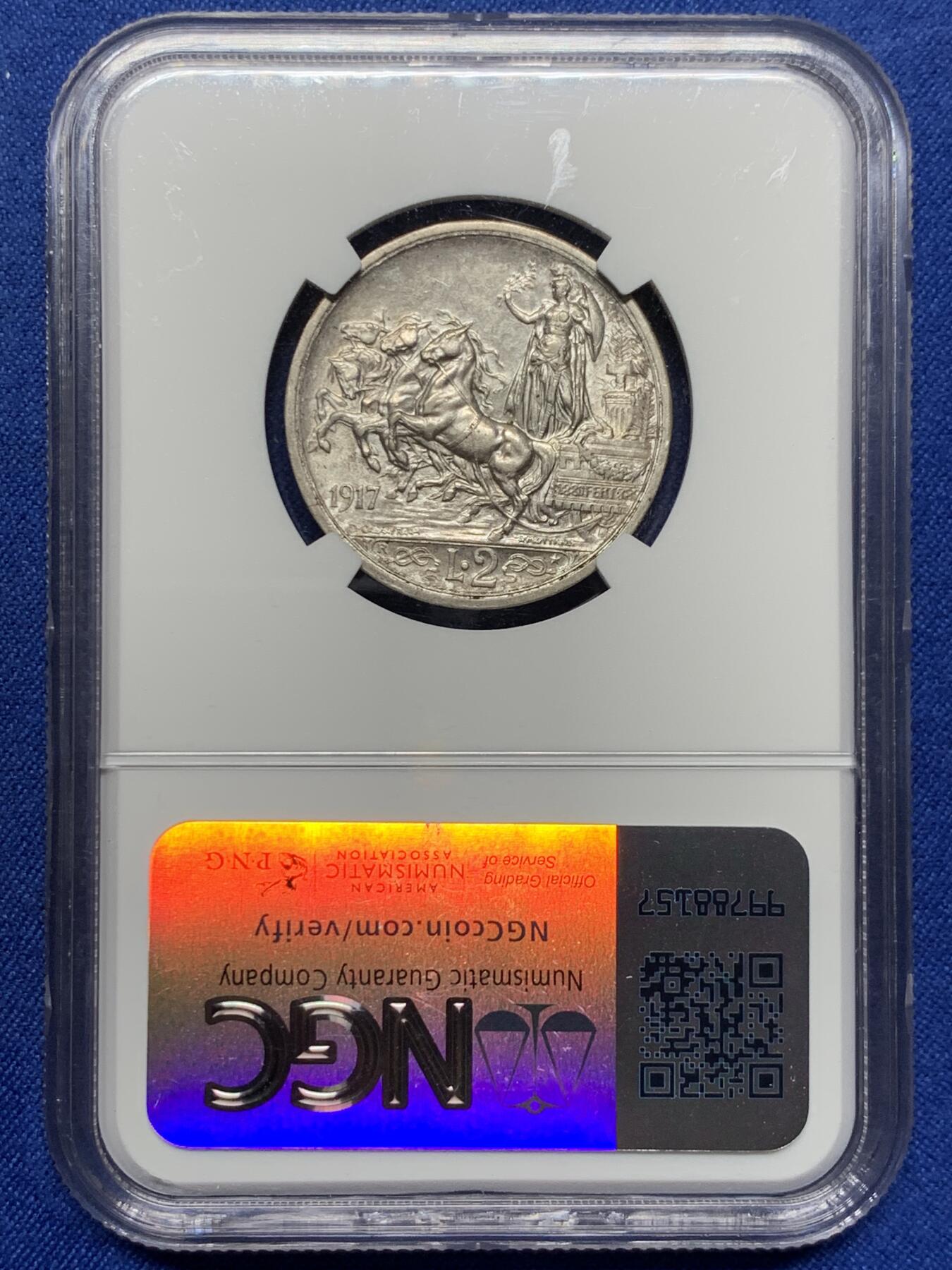 《竞宝斋》第439场 周日，周一，周二 3场连拍 （全场包邮） NGC AU58 意大利 1917年 2里拉 马车 银币 最稀少年份 总量仅为其他年份约1/4 系列难点