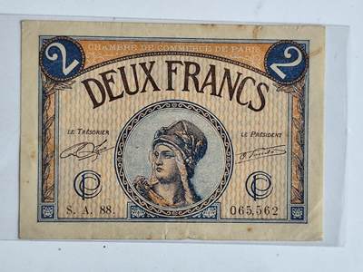 11月16日奖章钱币专场 - 法国巴黎商会2法郎纸币 稀少品种
