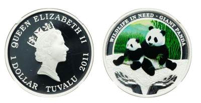 PThappally收藏第54次拍卖，英联邦地区硬币纸币 - 图瓦卢 2011 大熊猫保护主题 1 元 31.1035 克 999 纯银纪念币 TQG PF69UC 