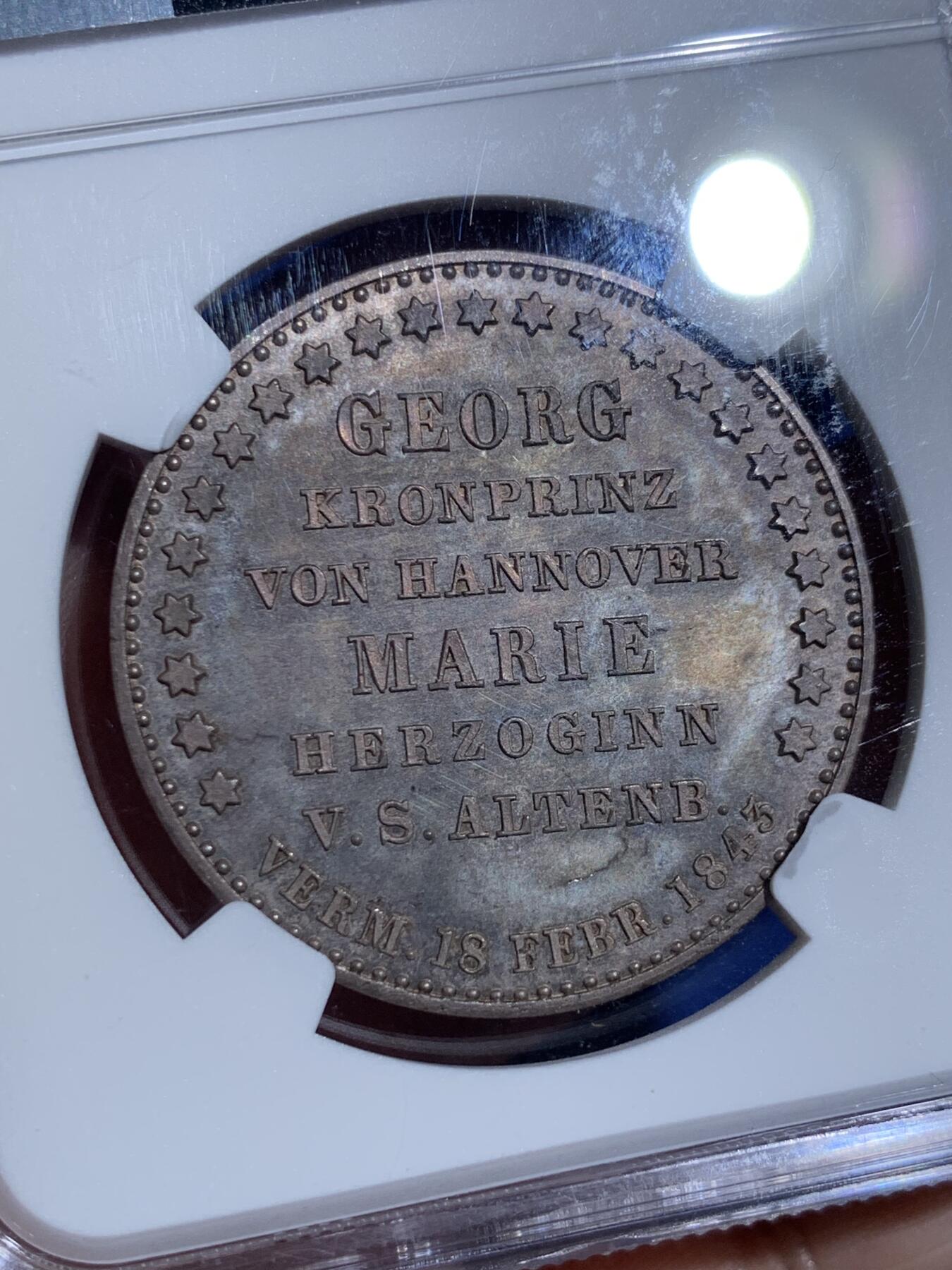 《竞宝斋》第439场 周日，周一，周二 3场连拍 （全场包邮） 亚军分 NGC MS64 德国 1843年 汉诺威王国 奥古斯特一世 皇家婚礼纪念泰勒 仅1010枚的发行量