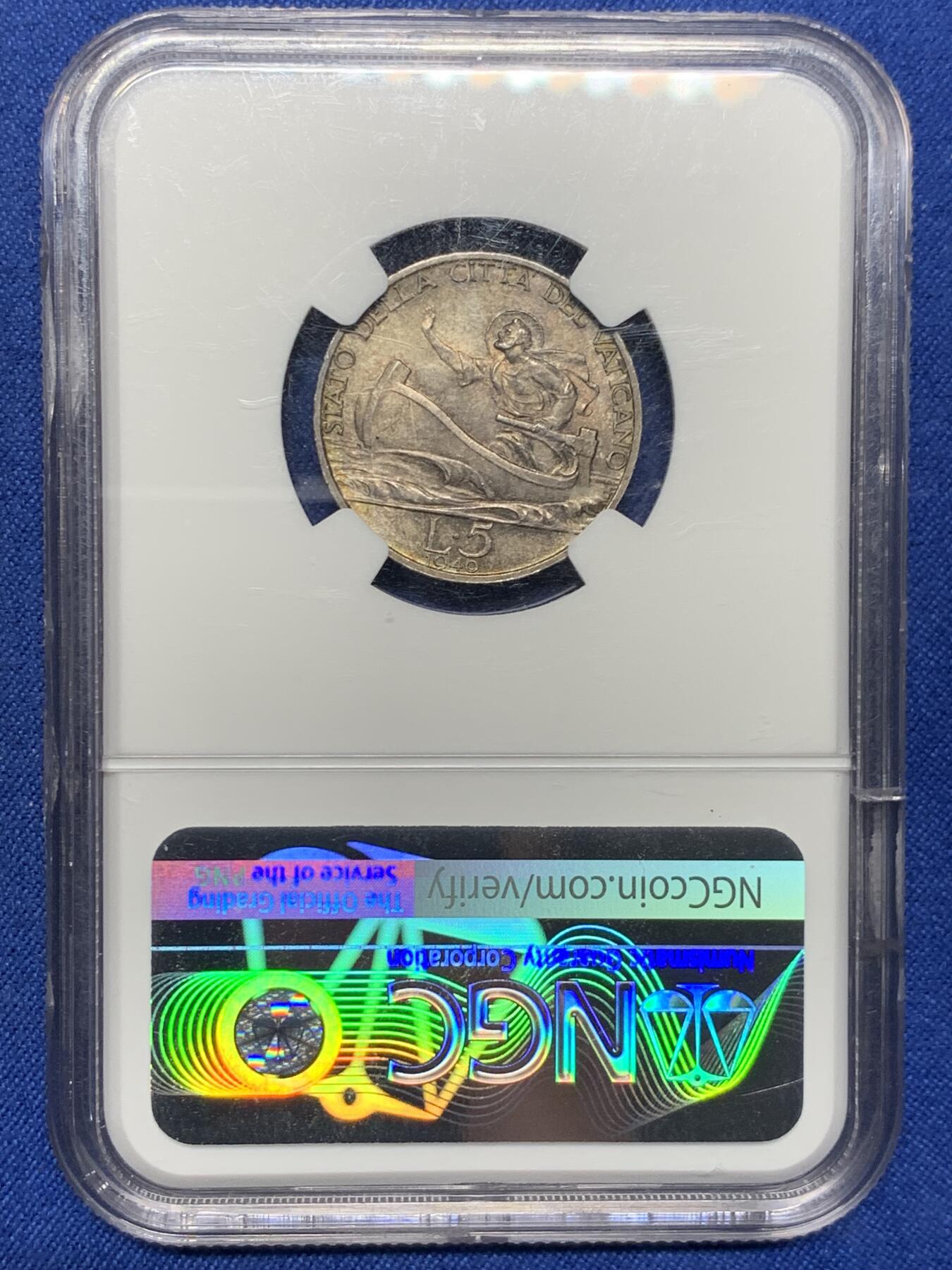 《竞宝斋》第439场 周日，周一，周二 3场连拍 （全场包邮） NGC MS63 教皇国梵蒂冈1940庇护十二世5里拉银币