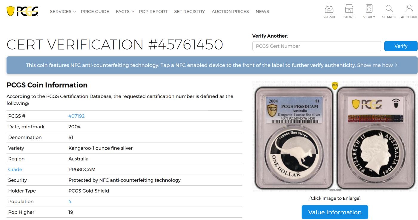 PThappally收藏第54次拍卖，英联邦地区硬币纸币 澳大利亚 2004 年  1 澳元 31.1035g  银币 PCGS PR68DCAM