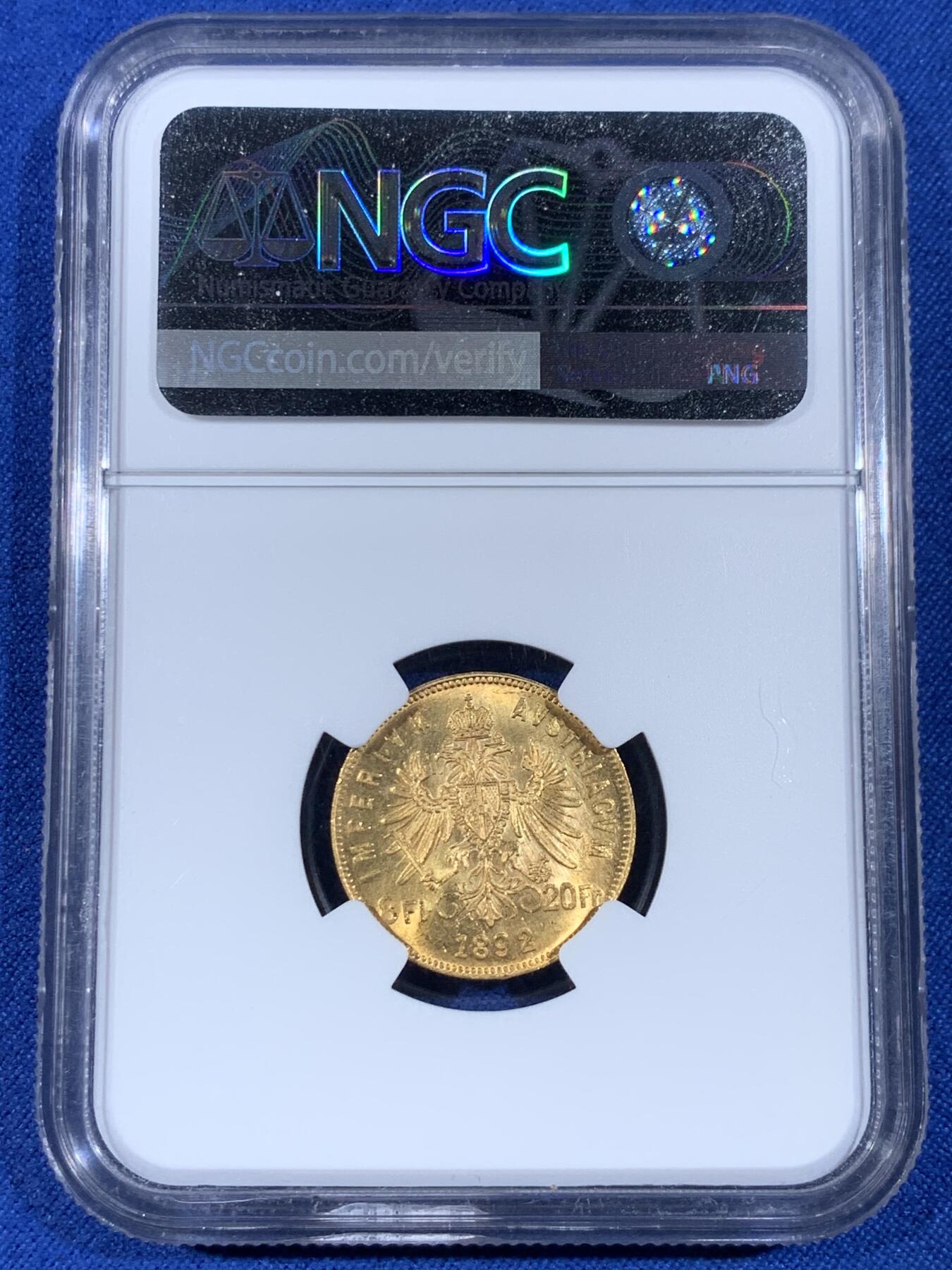 《竞宝斋》第439场 周日，周一，周二 3场连拍 （全场包邮） NGC MS62 奥地利1892年弗朗西斯·约瑟夫一世8弗罗林/20法郎金币 6.45克 900金 RESTRIKE