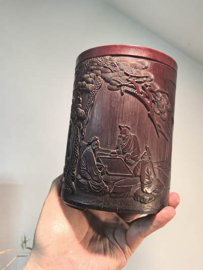 笔筒清代木雕名家刻竹雕人物松下对弈人物故事笔筒 